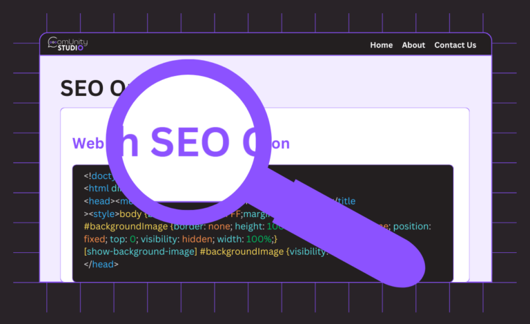 Illustration of SEO, showing a webpage, code and a magnifying glass